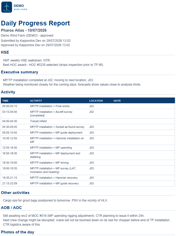 Daily Progress Report — the distributed PDF of one vessel's day